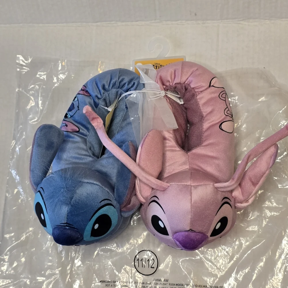 Disney Stitch & Angel Slippers Kids Size 11/12 Plush Lilo & Stitch Blue Pink